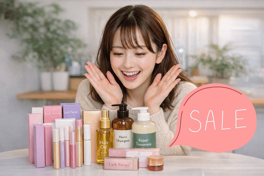 たくさんのまつ毛美容液やヘアケア商品を前にして喜んでいる女性の様子