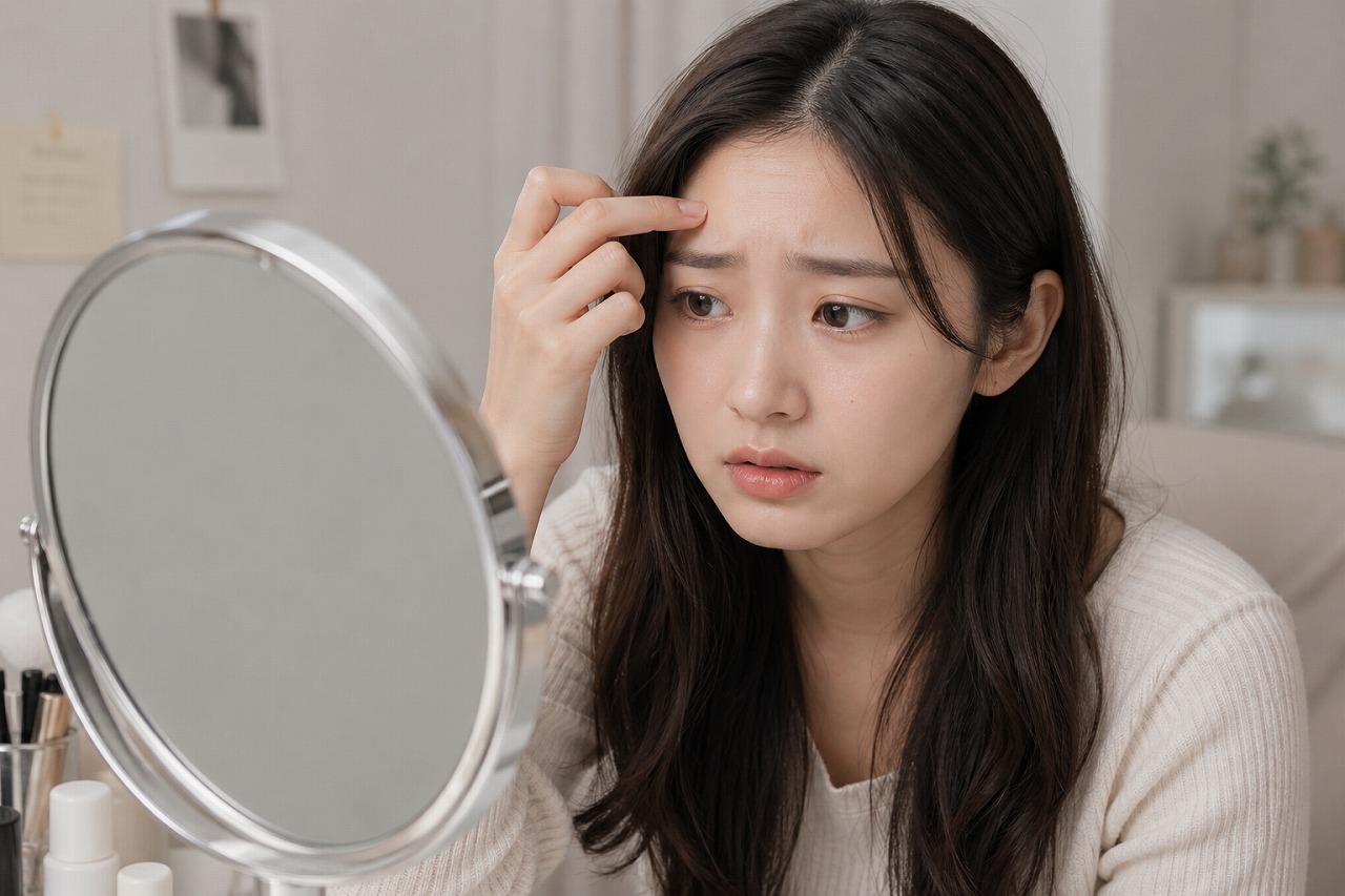眉毛のコンプレックスに悩む女性の様子
