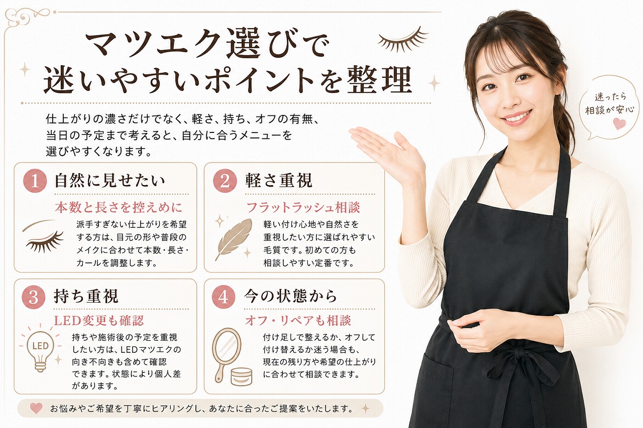 20代日本人アイリストが以下の内容を説明している様子、服装は私服に黒いエプロン