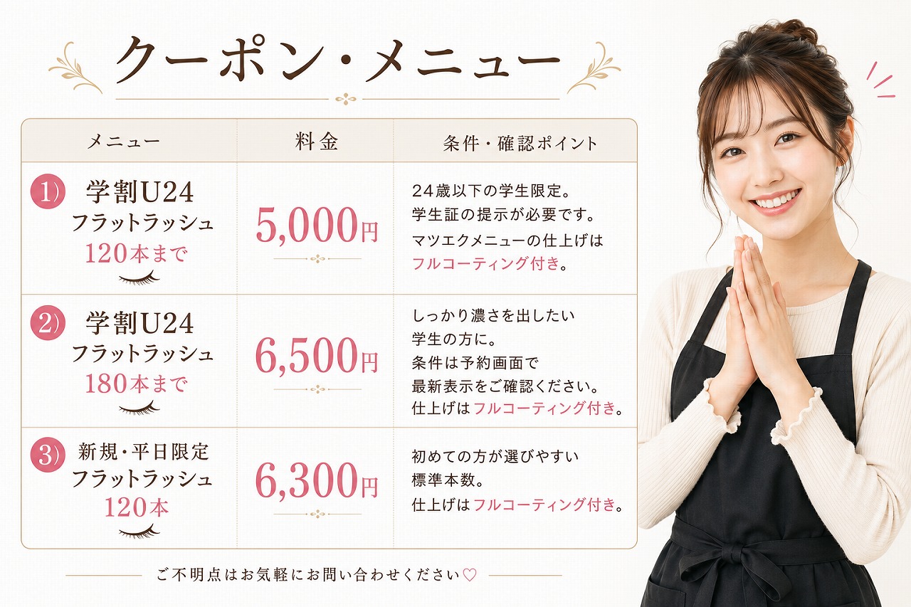 マツエクの学割U24と初回クーポン料金の見方
