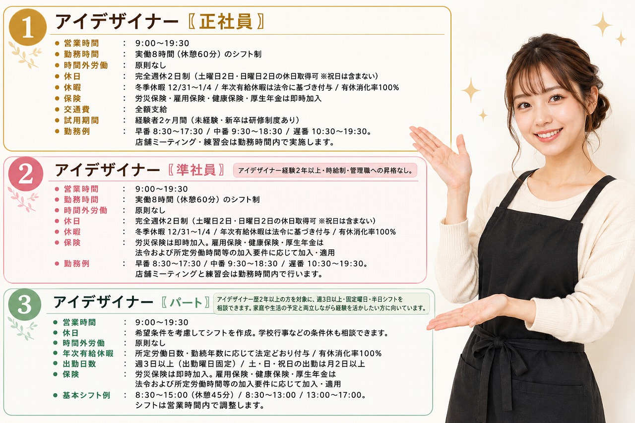 正社員、準社員、パート、業務委託の働き方を比較する図。残業原則なし、練習会とミーティングは勤務時間内