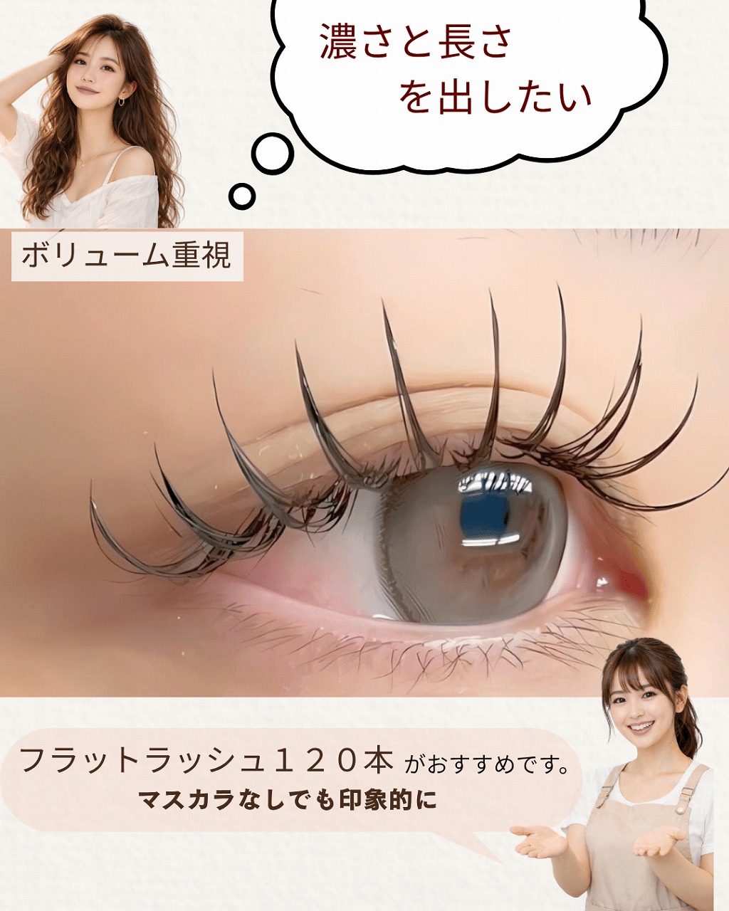 フラットラッシュ120本の紹介画像。自然な濃さと華やかさが出る、印象的な目元を目指したい方向け。