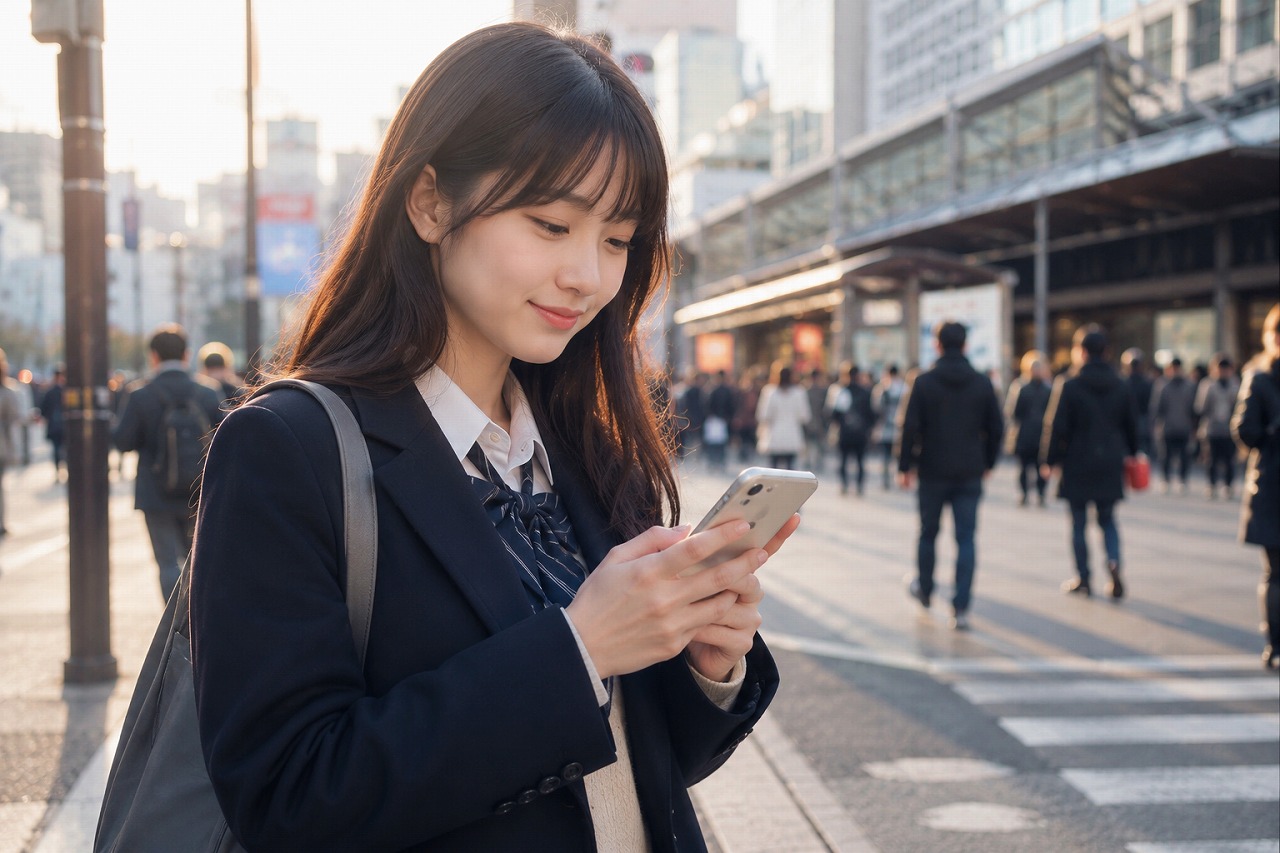池袋駅東口で放課後にまつ毛パーマの予約時間を確認する学生のイメージ