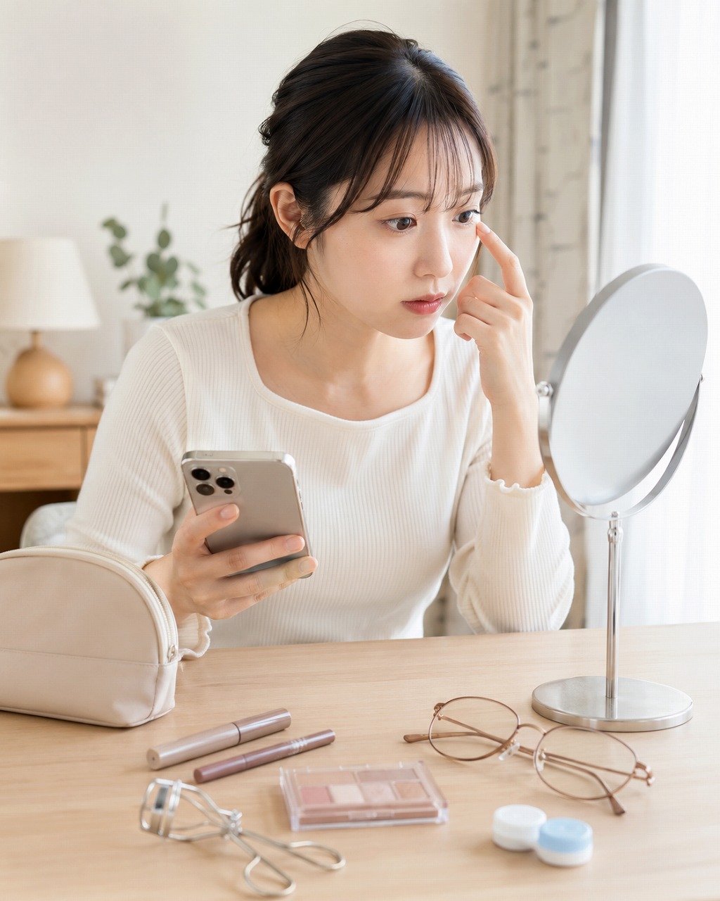 池袋で今日まつ毛パーマの予約前にアイメイクやコンタクトを確認するイメージ