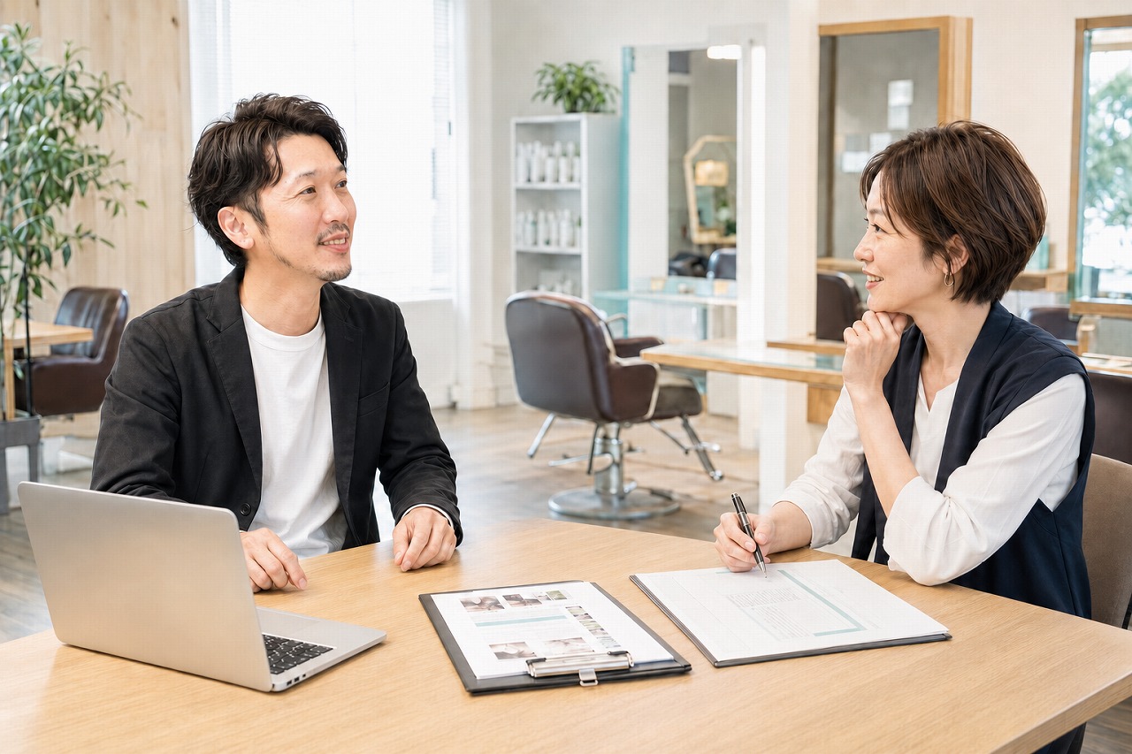 美容サロン経営者と竹山実がスタッフ採用の課題と求人条件について相談している様子