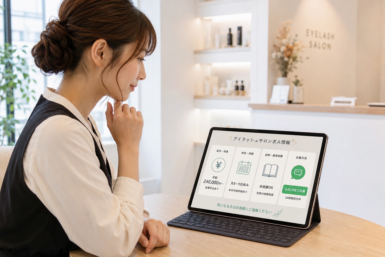 美容サロンの採用ページで給与、休日、研修制度、公式LINEへの応募導線を確認している様子