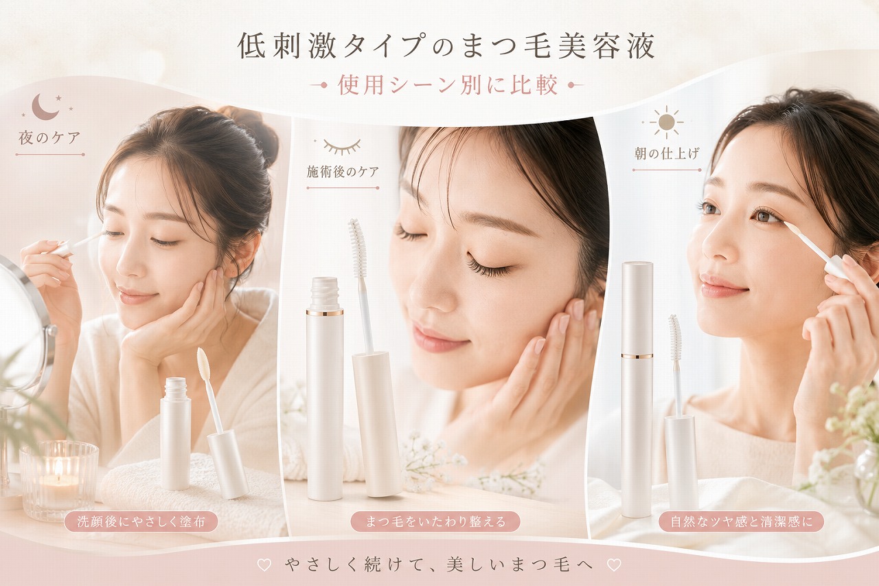低刺激タイプのまつ毛美容液を使用シーン別に比較するイメージ