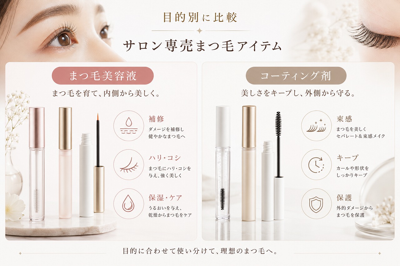 サロン専売まつ毛美容液とコーティング剤を目的別に比較するイメージ