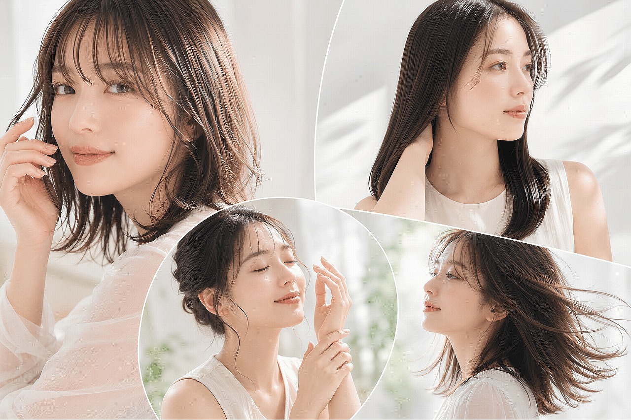 前髪、毛先、まとめ髪、巻き髪にヘアバームを使った仕上がり