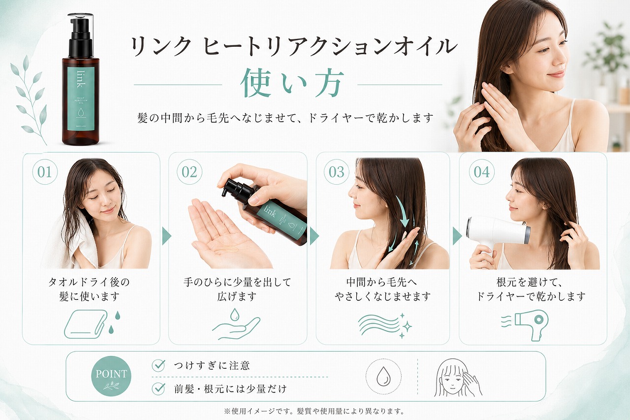 リンク ヒートリアクションオイルを髪の中間から毛先へなじませてドライヤーで乾かす使い方画像