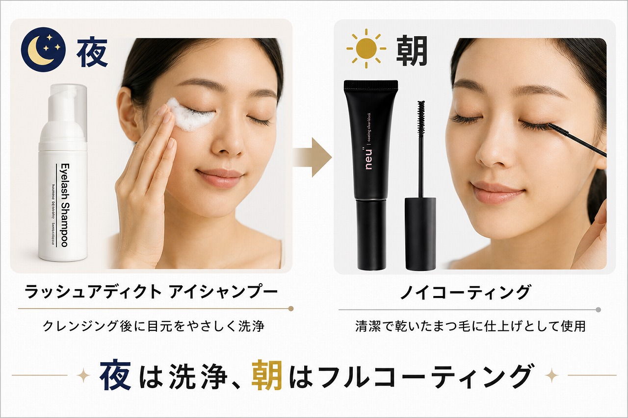 ラッシュアディクト アイシャンプーで夜に洗浄し、ノイコーティングを朝の仕上げに使う順番画像