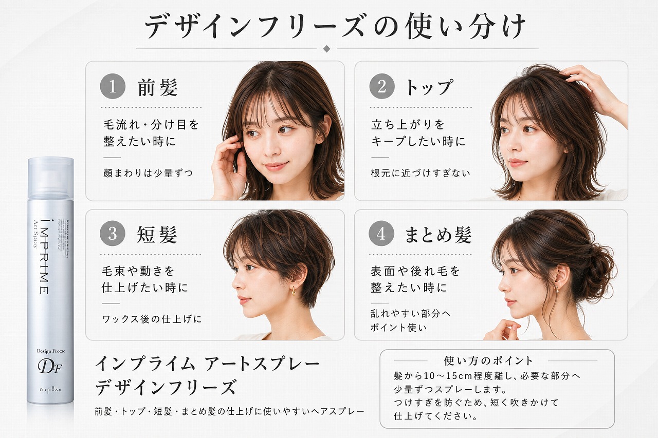 前髪・トップ・短髪・まとめ髪へのデザインフリーズの使い分け