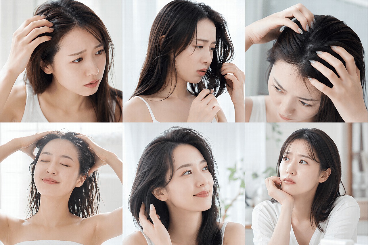頭皮のベタつきや洗い残しに合わせてシャンプーブラシを選ぶイメージ
