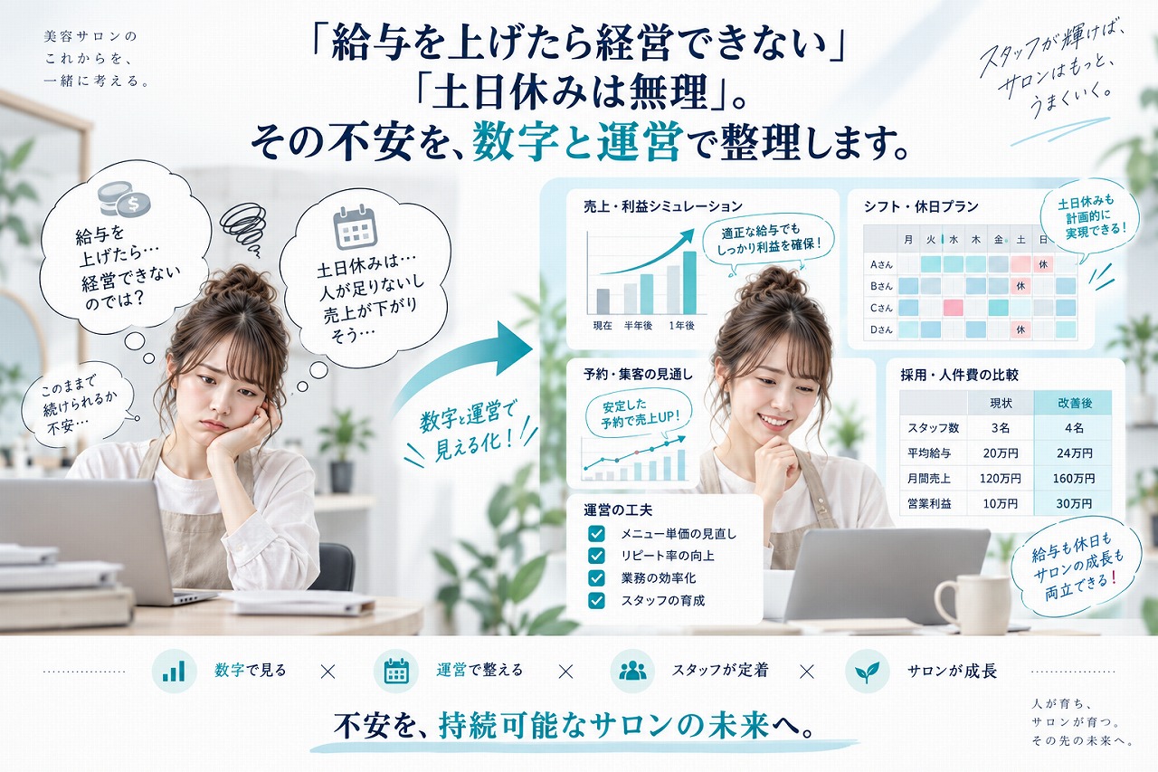 『給与を上げたら経営できない』『土日休みは無理』という美容サロン経営の不安を、数字と運営で整理する流れを示した図解。左に不安そうにパソコンを見る女性と悩みの吹き出し、中央に右向きの矢印、右に笑顔でパソコンを見る女性、売上・利益シミュレーション、シフト・休日プラン、予約見通し、人件費比較、運営の工夫のパネルを配置し、給与・休日・サロン成長の両立を表現している。